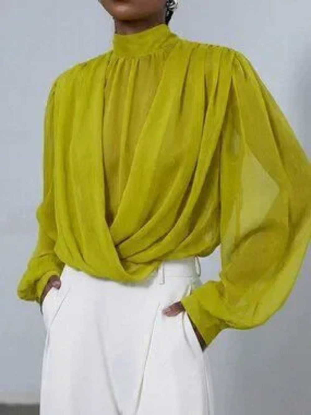 Green Chic Women's Mock Neck Blouse with Wrap Front and Oversized Puff Sleeves
